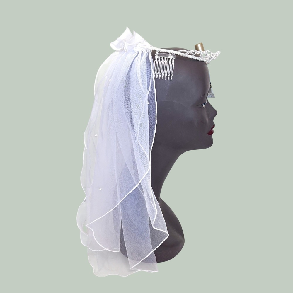Womens Bridal Tulle Tiara Veil White Wedding Crown Bow Faux Pearl Beaded Mesh OS